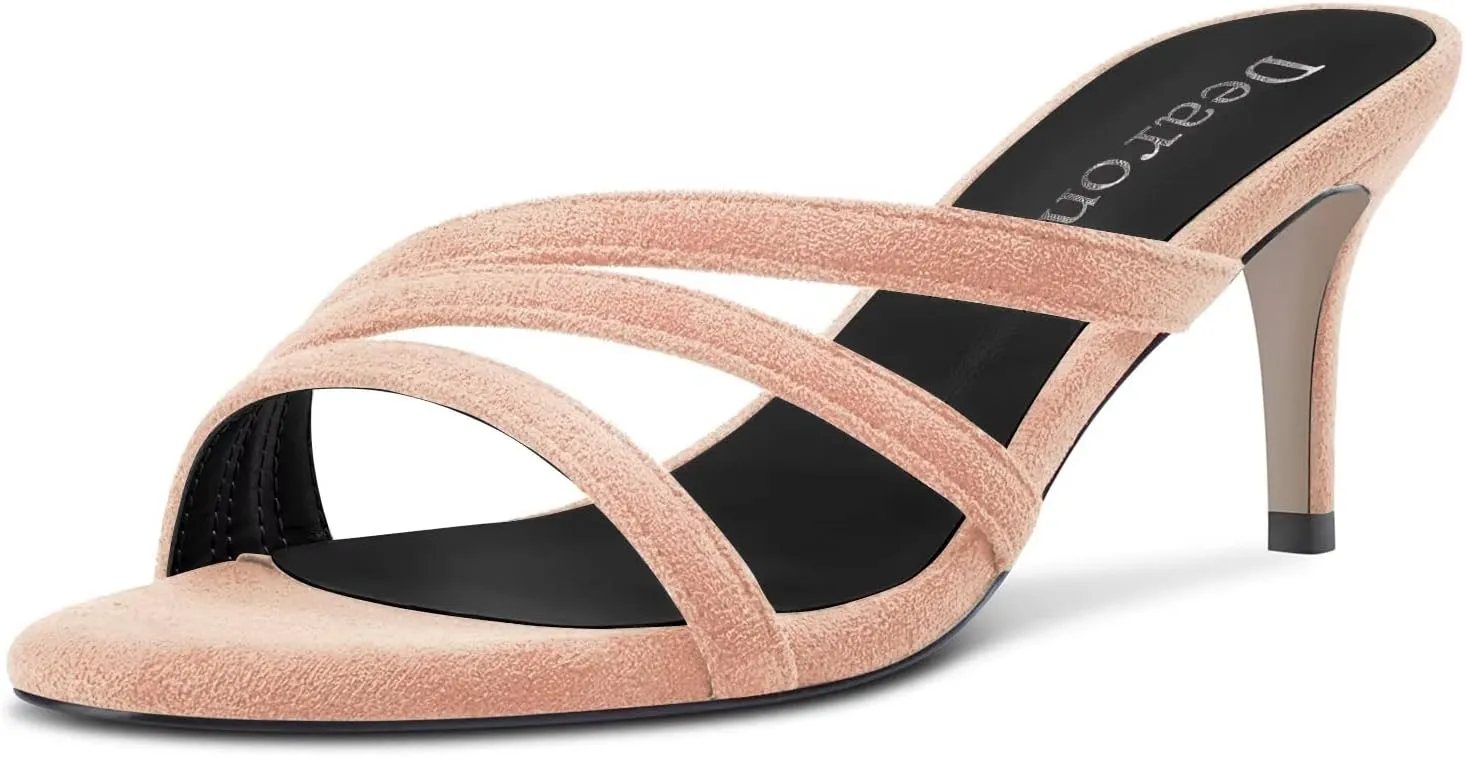DearOnly Women Kitten Mid Heel Peep Open Toe Slip-on Slingback Sandals Party Cute 2.6 Inches Heels