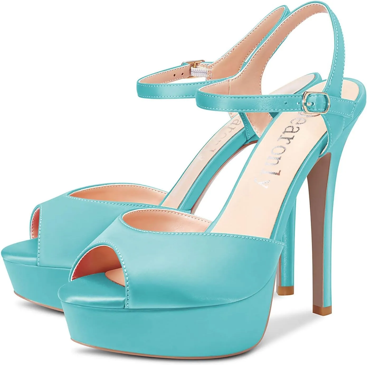 DearOnly Women Stiletto High Heel Platform Peep Open Toe Ankle Strap Sandals Sexy Wedding Dress 5.1 Inches Heels Pumps