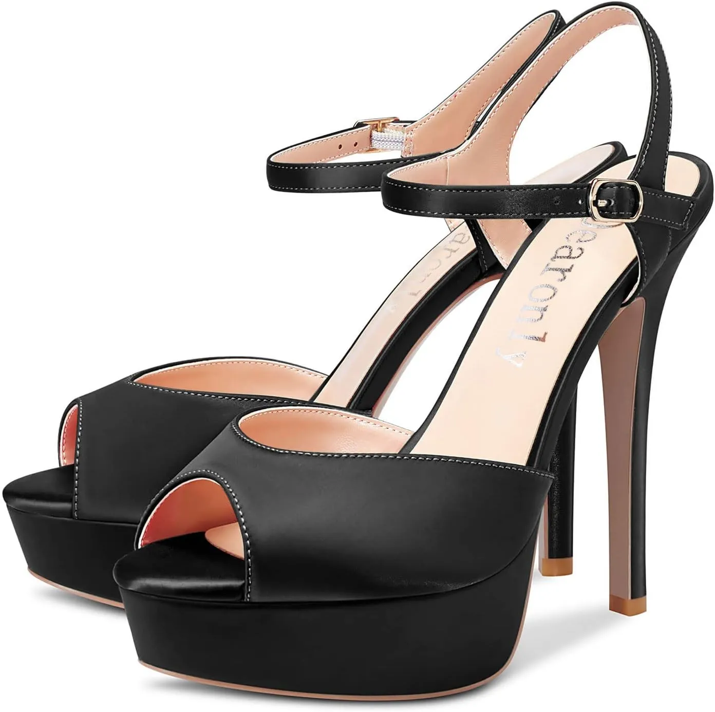 DearOnly Women Stiletto High Heel Platform Peep Open Toe Ankle Strap Sandals Sexy Wedding Dress 5.1 Inches Heels Pumps