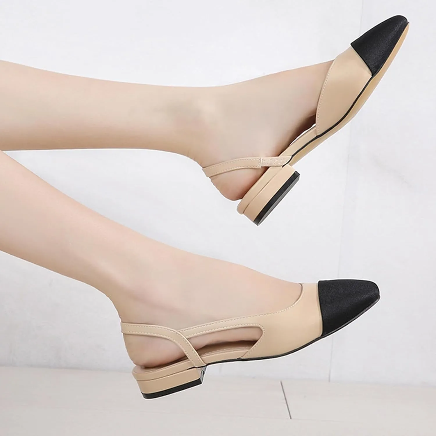 Debaishi Slingback Flat Pumps for Women,Chunky Heels Round Toe Two Toned Casual Slingback Sandals Fashion Dress Low Heel Sandals