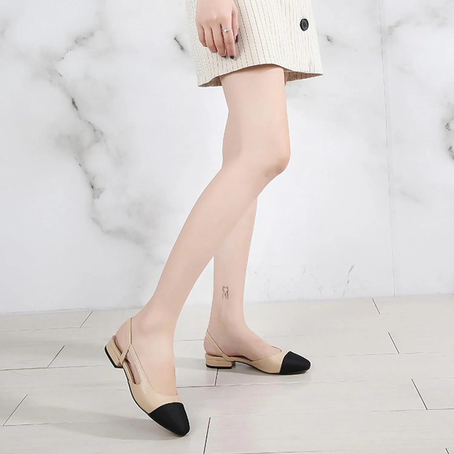Debaishi Slingback Flat Pumps for Women,Chunky Heels Round Toe Two Toned Casual Slingback Sandals Fashion Dress Low Heel Sandals