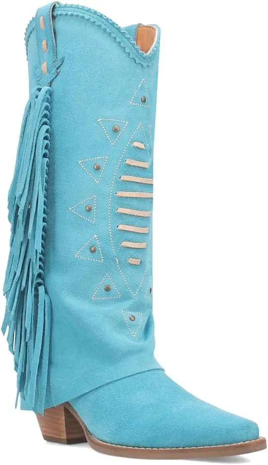 Dingo Womens Spirit Trail Studded Embroidered Fringe Snip Toe Pull On Casual Boots Knee High Mid Heel 2-3" - Blue