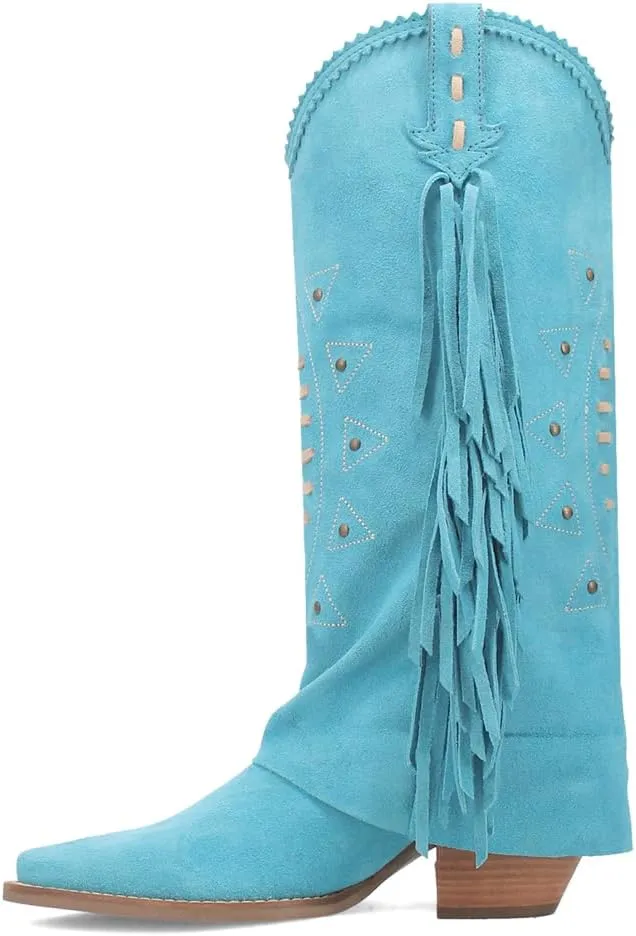 Dingo Womens Spirit Trail Studded Embroidered Fringe Snip Toe Pull On Casual Boots Knee High Mid Heel 2-3" - Blue