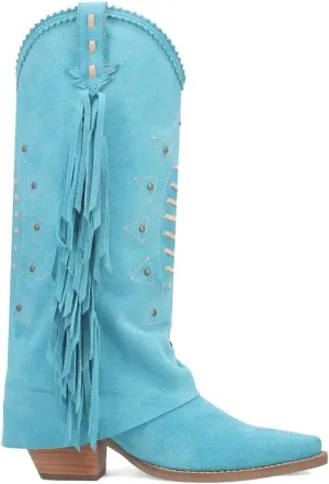 Dingo Womens Spirit Trail Studded Embroidered Fringe Snip Toe Pull On Casual Boots Knee High Mid Heel 2-3" - Blue