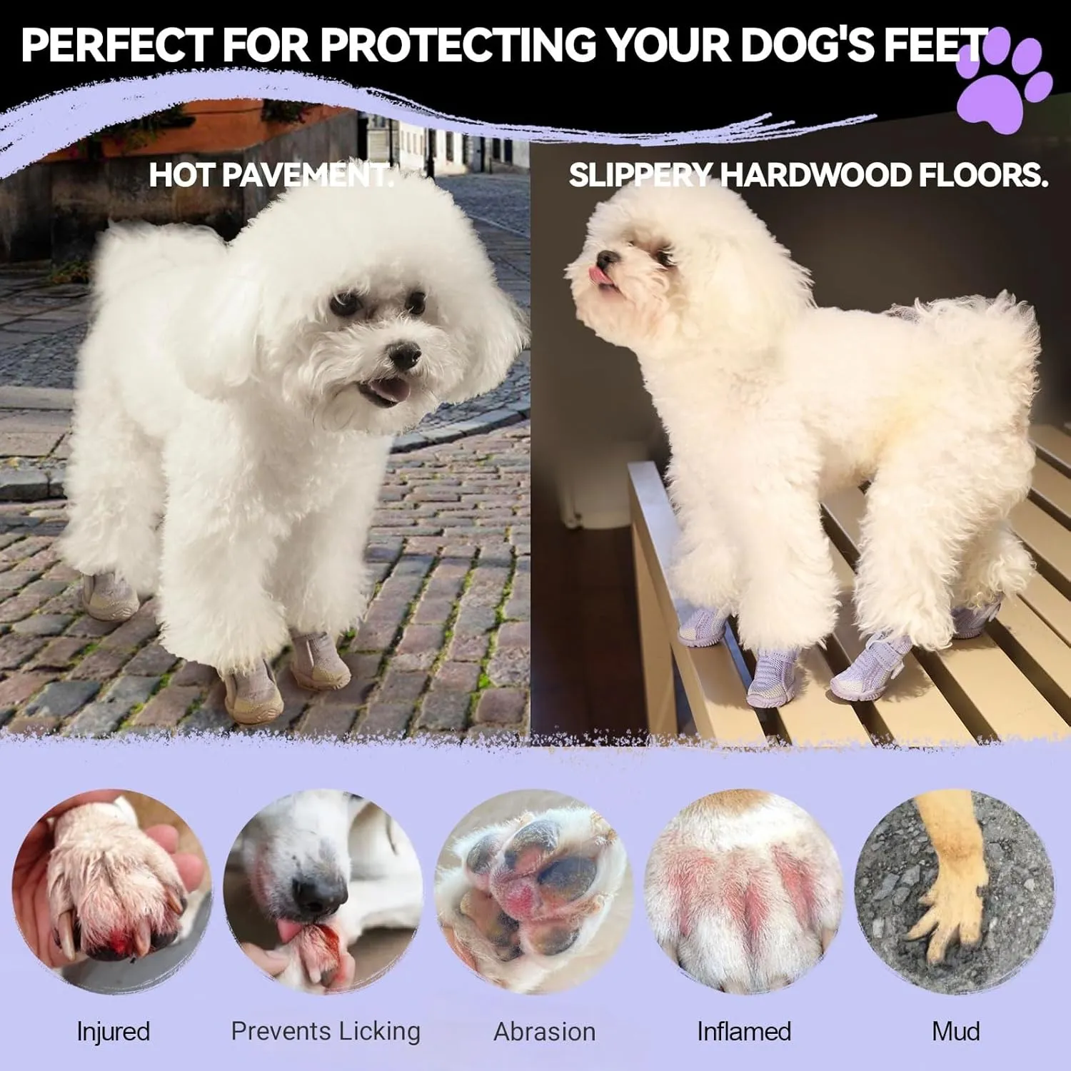 Dog Shoes for Small Dogs, Breathable Puppy Dog Boots & Paw Protectors for Summer Hot Pavement Winter Snow, Dog Booties with Reflective Strips, Anti-Slip Sole for Hardwood Floors (Purple-Size1)