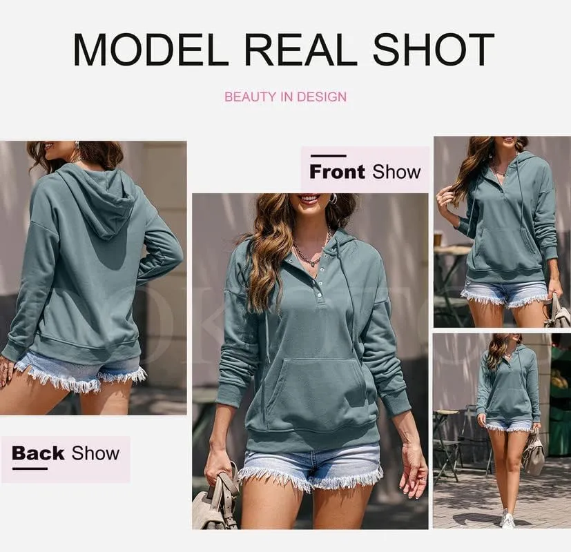 Dokotoo Womens 2025 Hoodies Button Collar Drawstring Hooded Pullover Sweatshirt Casual Long Sleeve Tops Shirts