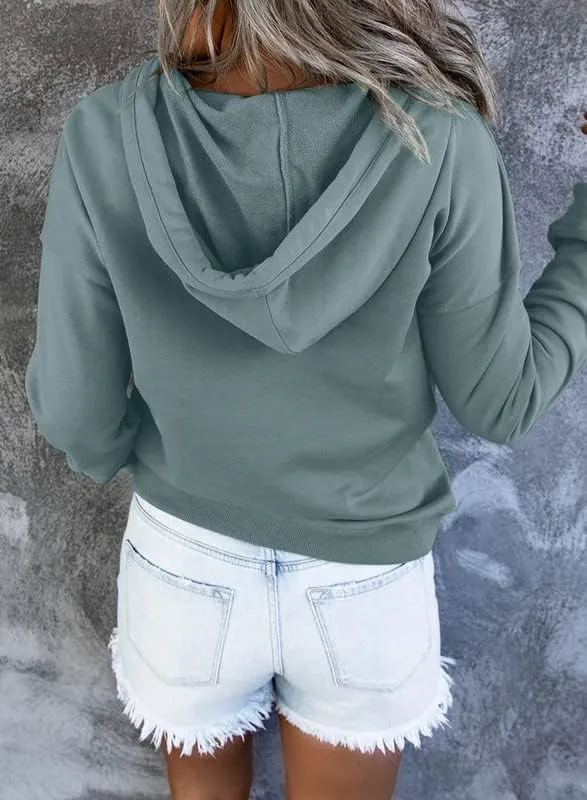 Dokotoo Womens 2025 Hoodies Button Collar Drawstring Hooded Pullover Sweatshirt Casual Long Sleeve Tops Shirts