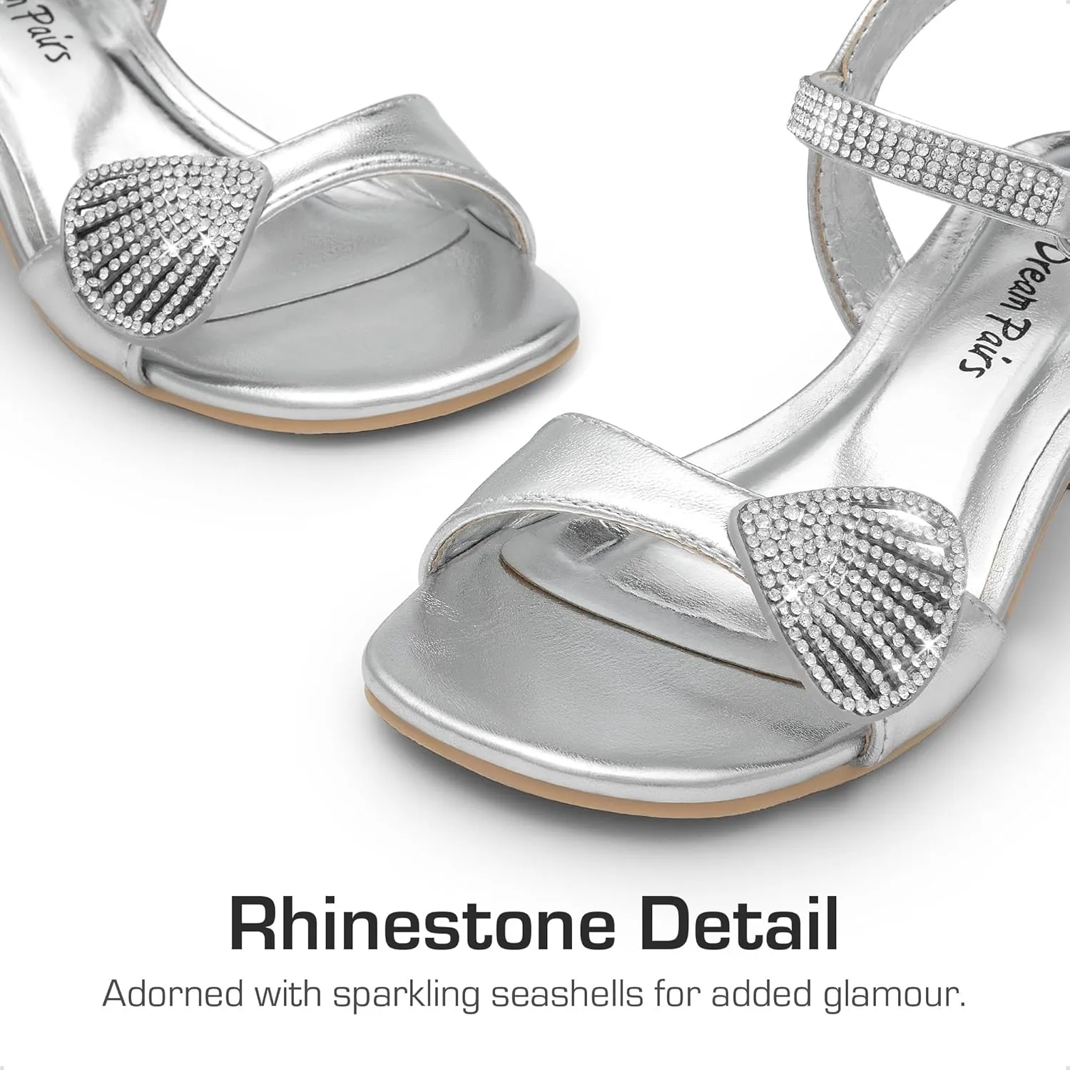 DREAM PAIRS Girls Sandals Ankle Strap Square Toe Low Heel Crystal Shell Wedding Party Flower Dress Shoes for Little Kids/Big Kids