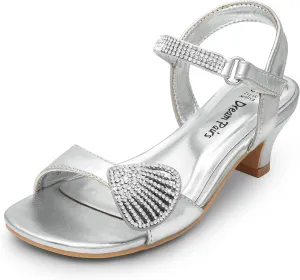DREAM PAIRS Girls Sandals Ankle Strap Square Toe Low Heel Crystal Shell Wedding Party Flower Dress Shoes for Little Kids/Big Kids