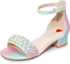 DREAM PAIRS Girls Sandals Low Heel Pump Ankle Strap Pearl Dress Flower Wedding Party Shoes for Little Kid/Big Kid