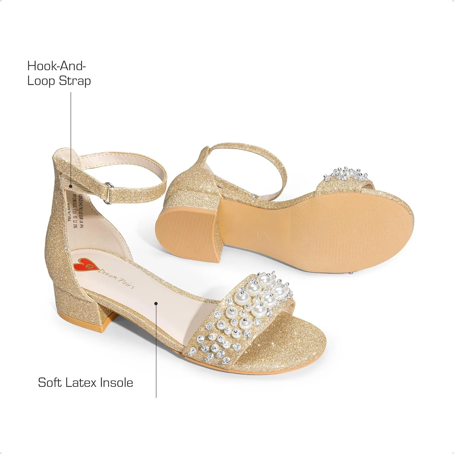 DREAM PAIRS Girls Sandals Low Heel Pump Ankle Strap Pearl Dress Flower Wedding Party Shoes for Little Kid/Big Kid