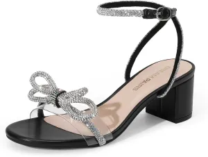DREAM PAIRS Women's Double Bowknots Crystal Sandals Low Chunky Heels Clear Slingback Dress Shoes for Wedding Bridal Party
