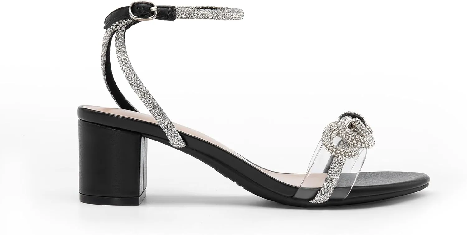 DREAM PAIRS Women's Double Bowknots Crystal Sandals Low Chunky Heels Clear Slingback Dress Shoes for Wedding Bridal Party