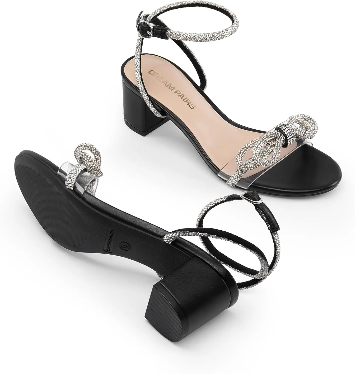 DREAM PAIRS Women's Double Bowknots Crystal Sandals Low Chunky Heels Clear Slingback Dress Shoes for Wedding Bridal Party