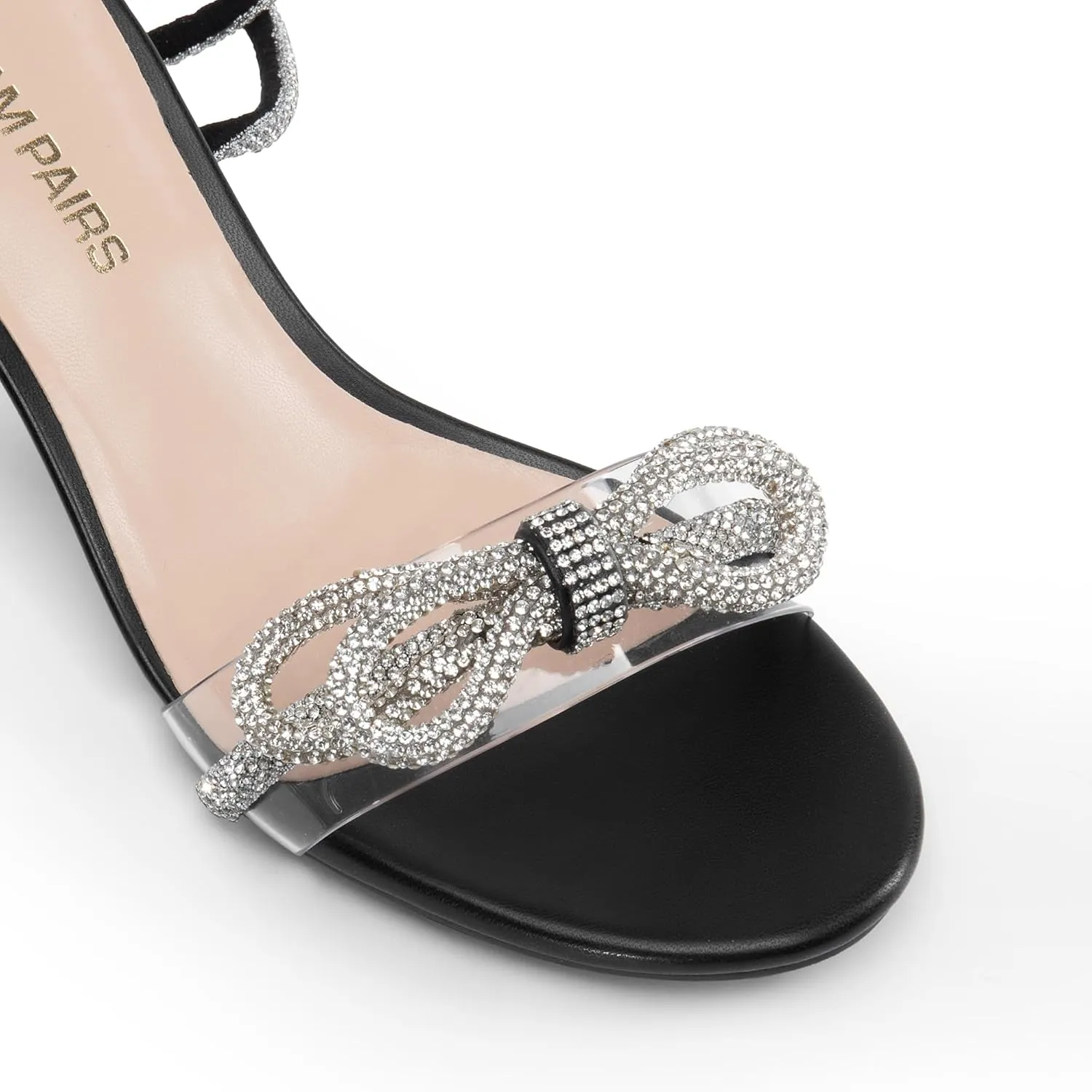 DREAM PAIRS Women's Double Bowknots Crystal Sandals Low Chunky Heels Clear Slingback Dress Shoes for Wedding Bridal Party