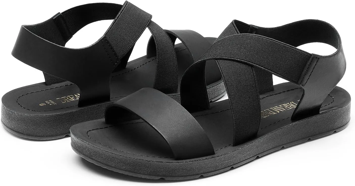 DREAM PAIRS Women's Open Toe Elastic Ankle Strap Flat Summer Sandals