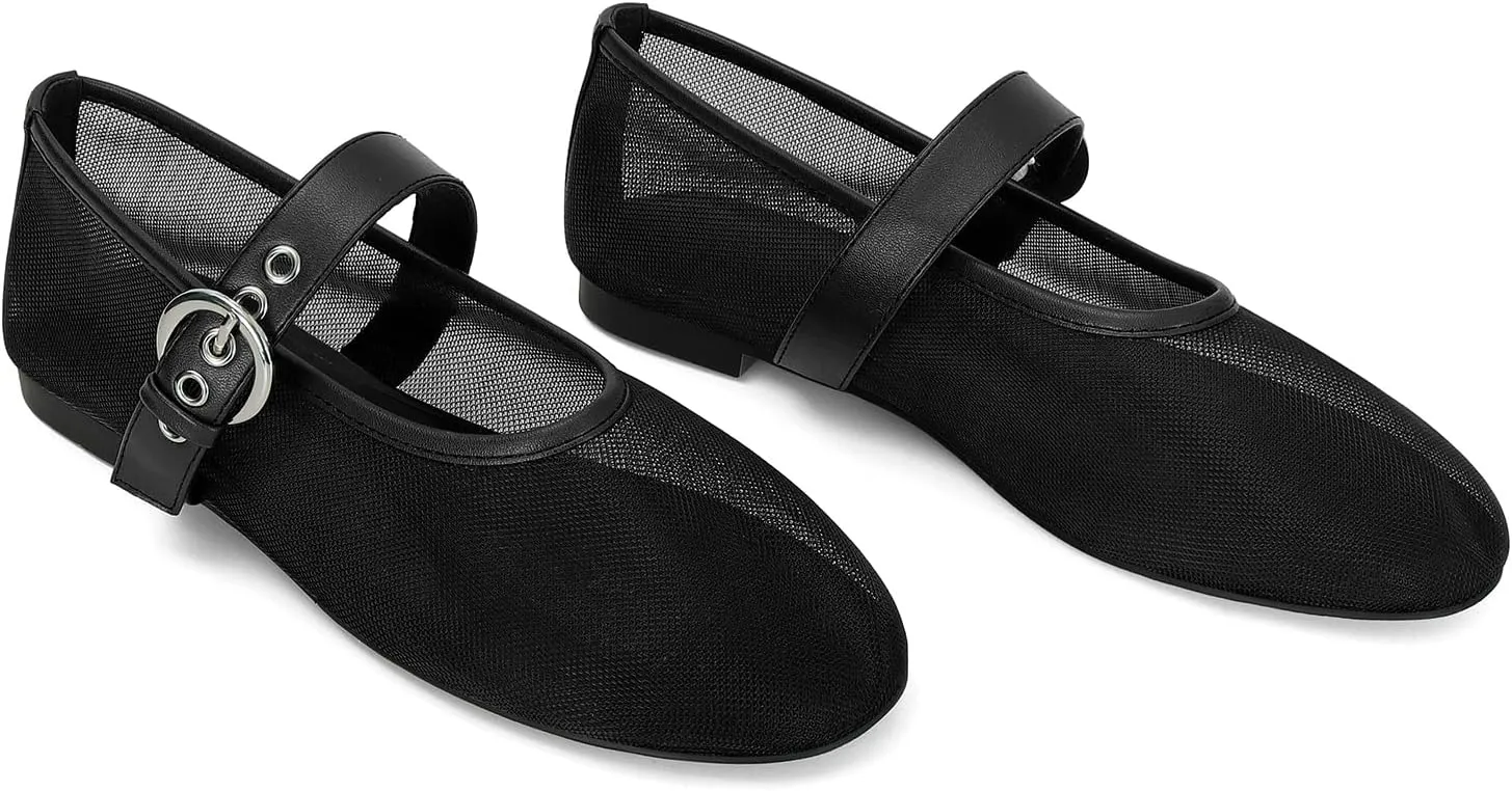 Dsevht Mary Jane Ballet Flats for Women Slip On Round Toe Bling Ballerina Shoes Buckle Strap Casual Dress Shoes