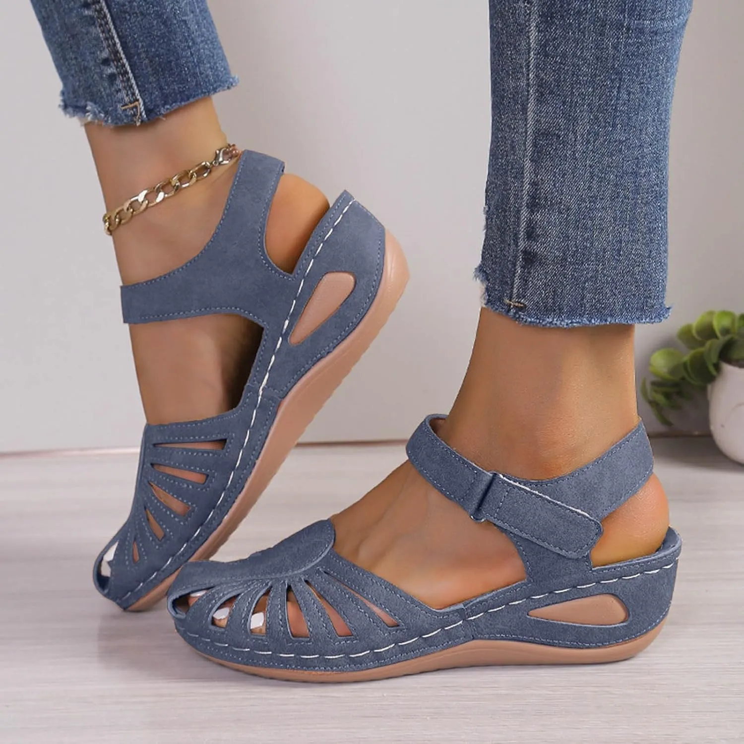 Eduavar Orthopedic Sandals for Women, Womens Sandals Comfortable Closed Toe Casual Hollow Out Shoes Orthotic Wedge Sandals