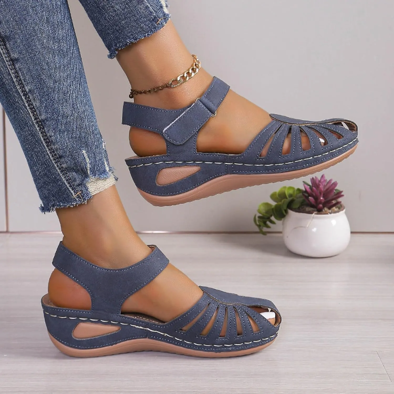 Eduavar Orthopedic Sandals for Women, Womens Sandals Comfortable Closed Toe Casual Hollow Out Shoes Orthotic Wedge Sandals