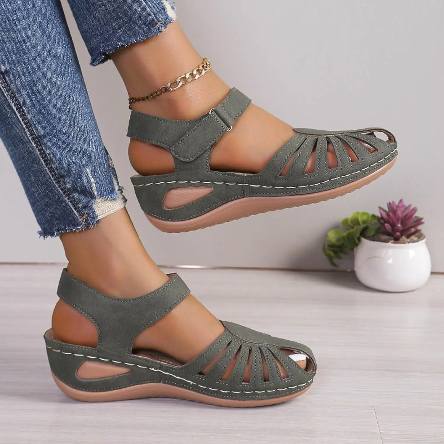 Eduavar Orthopedic Sandals for Women, Womens Sandals Comfortable Closed Toe Casual Hollow Out Shoes Orthotic Wedge Sandals