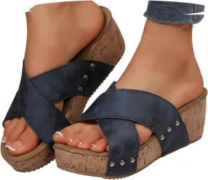 Eduavar Sandals Women Dressy Summer Flat, Sandals Women Fashion Dressy Ring Toe Platform Wedge Sandals Slip On Shoes