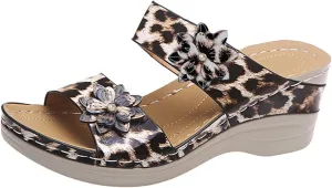 Eduavar Women's Dressy Fashion Sandals - Leopard Print Wedge Open Toe Flat