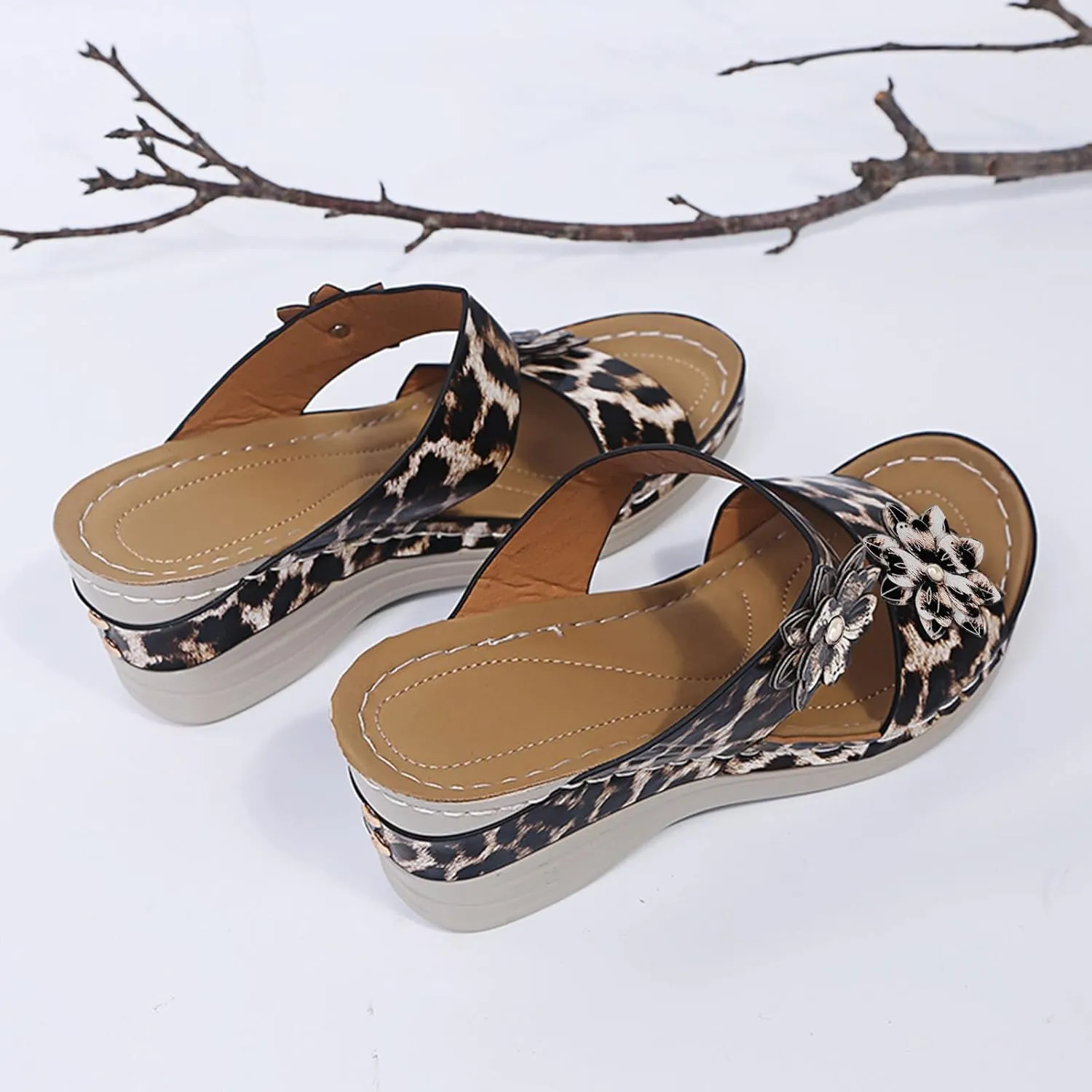 Eduavar Women's Dressy Fashion Sandals - Leopard Print Wedge Open Toe Flat