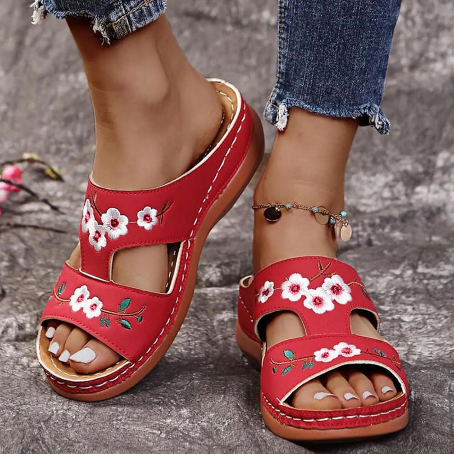 Eduavar Women's Orange Wedge Sandals, Comfortable Vintage Slip-On Open Toe Wedges