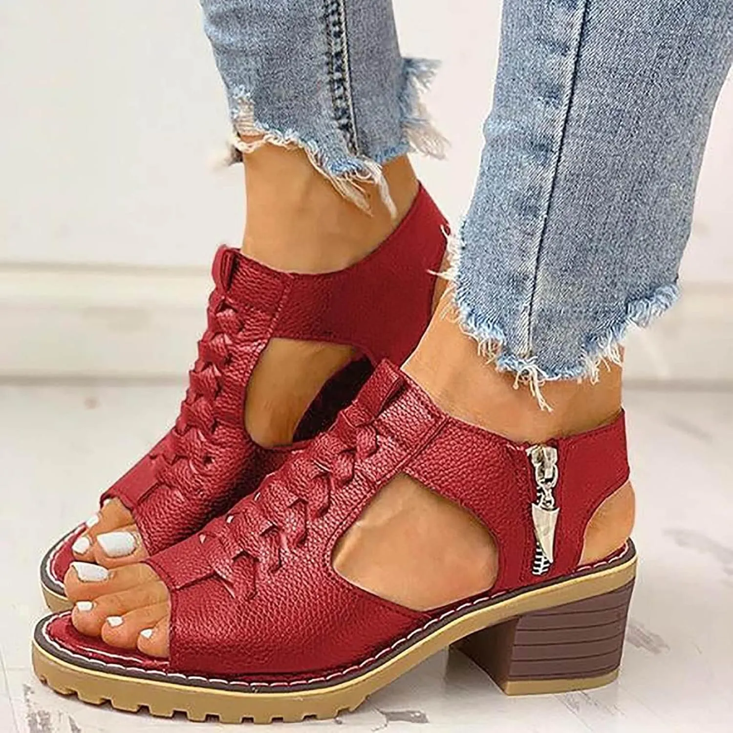 Eduavar Women's Wedge Sandals, Orthopedic Leather Peep Toe Cutout Zipper Chunky Heeled Sandals in White, Brown for Casual Wear