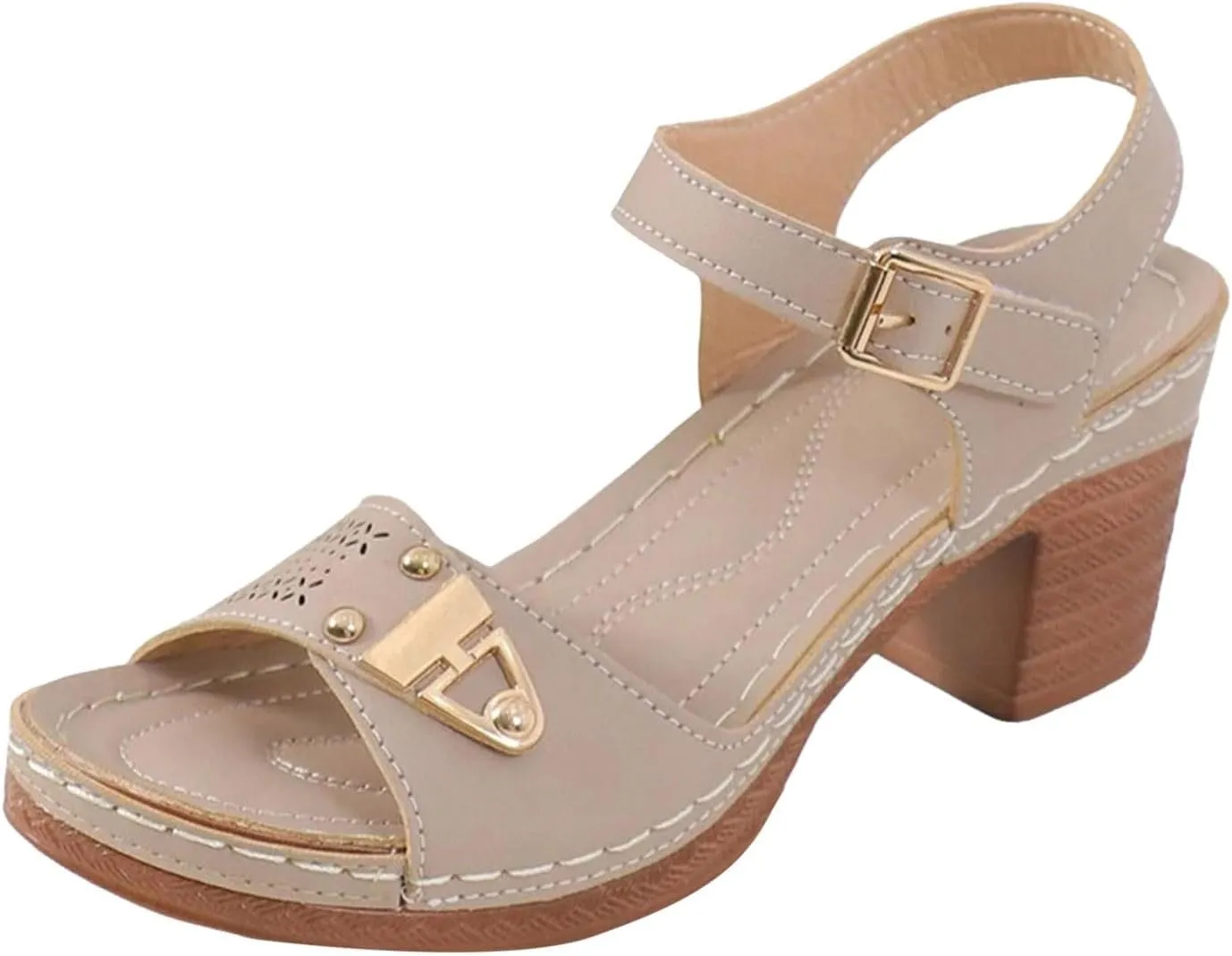 Eduavar Women's Wedge Sandals, Orthopedic Leather Peep Toe Cutout Zipper Chunky Heeled Sandals in White, Brown for Casual Wear