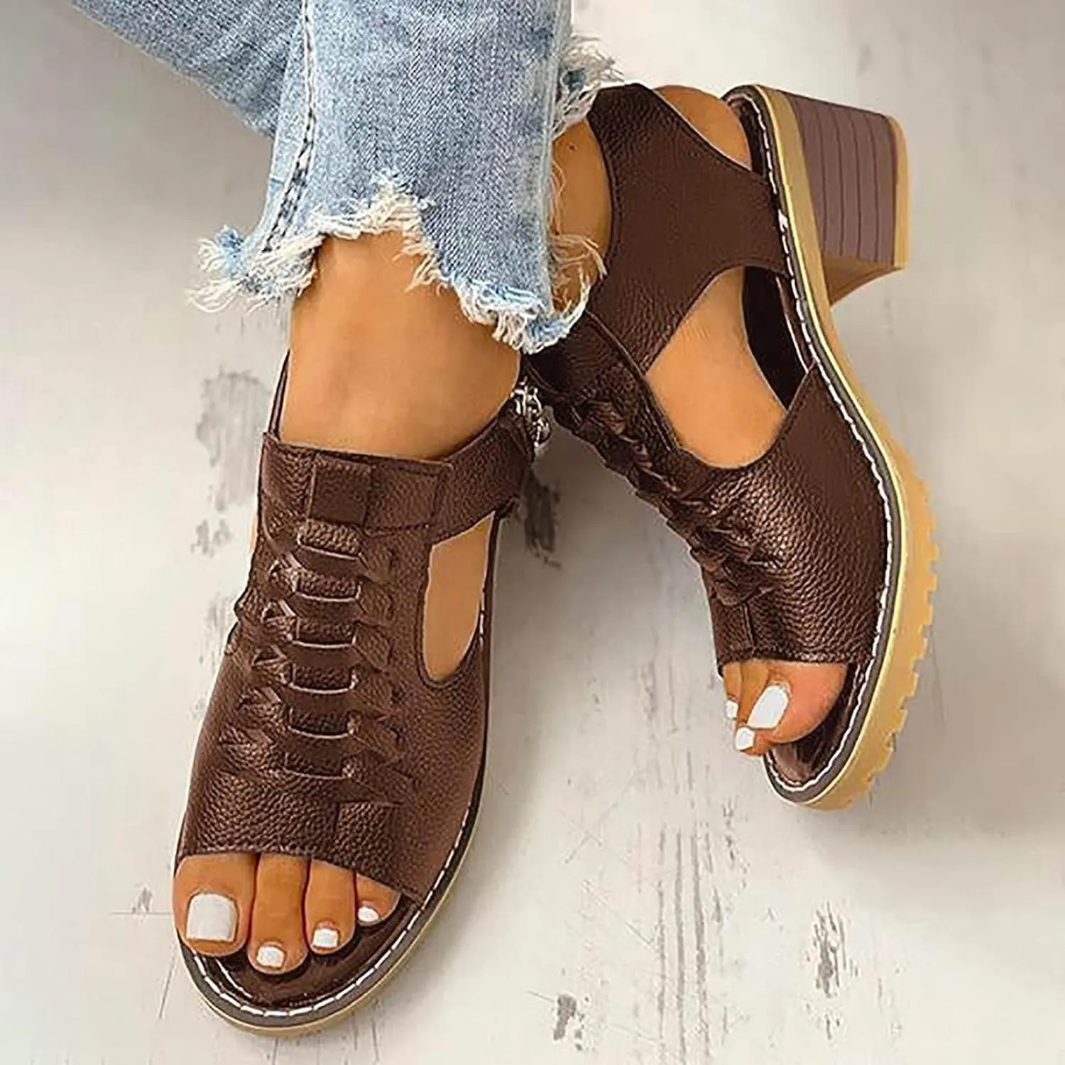 Eduavar Women's Wedge Sandals, Orthopedic Leather Peep Toe Cutout Zipper Chunky Heeled Sandals in White, Brown for Casual Wear