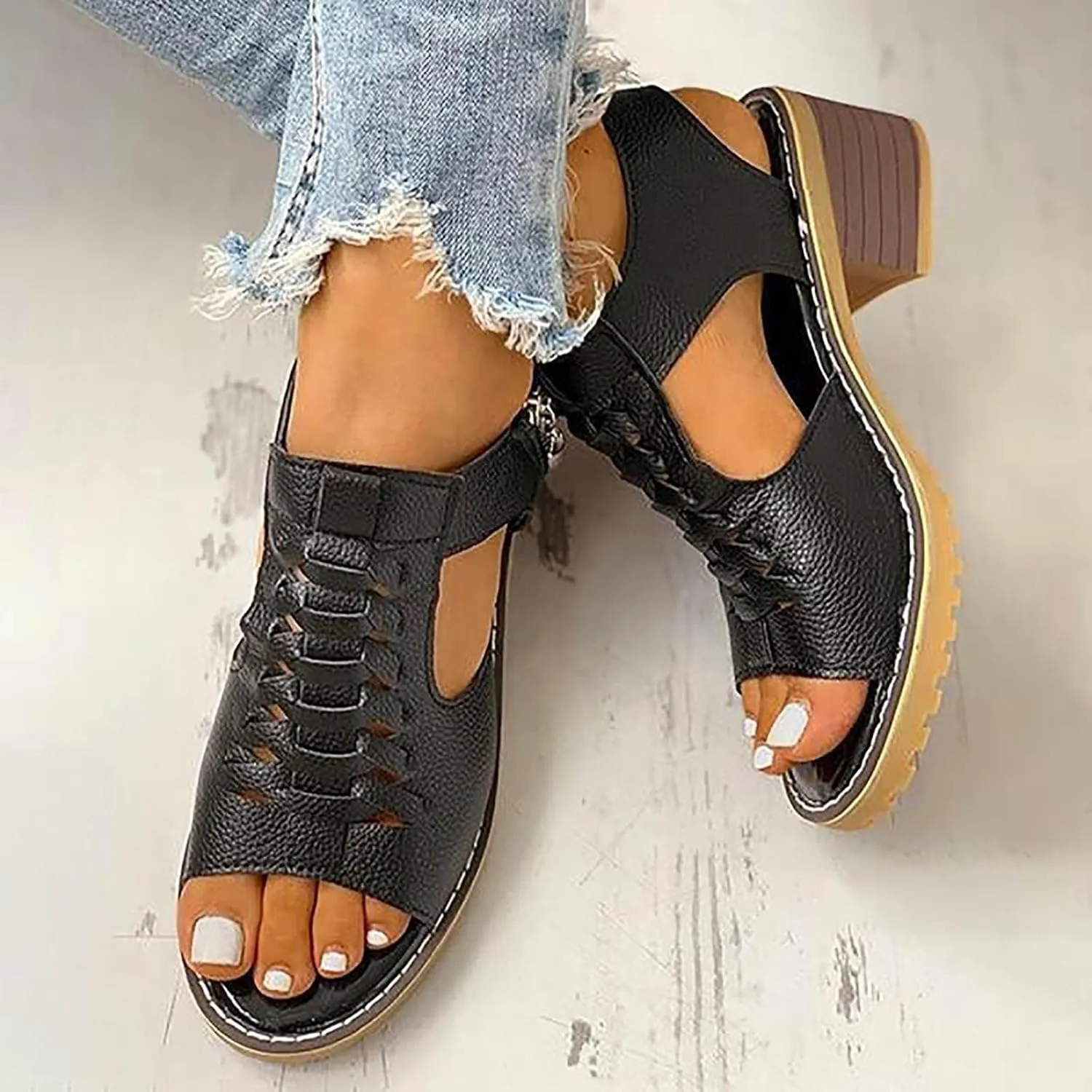 Eduavar Women's Wedge Sandals, Orthopedic Leather Peep Toe Cutout Zipper Chunky Heeled Sandals in White, Brown for Casual Wear