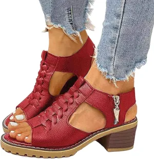 Eduavar Women's Wedge Sandals, Orthopedic Leather Peep Toe Cutout Zipper Chunky Heeled Sandals in White, Brown for Casual Wear