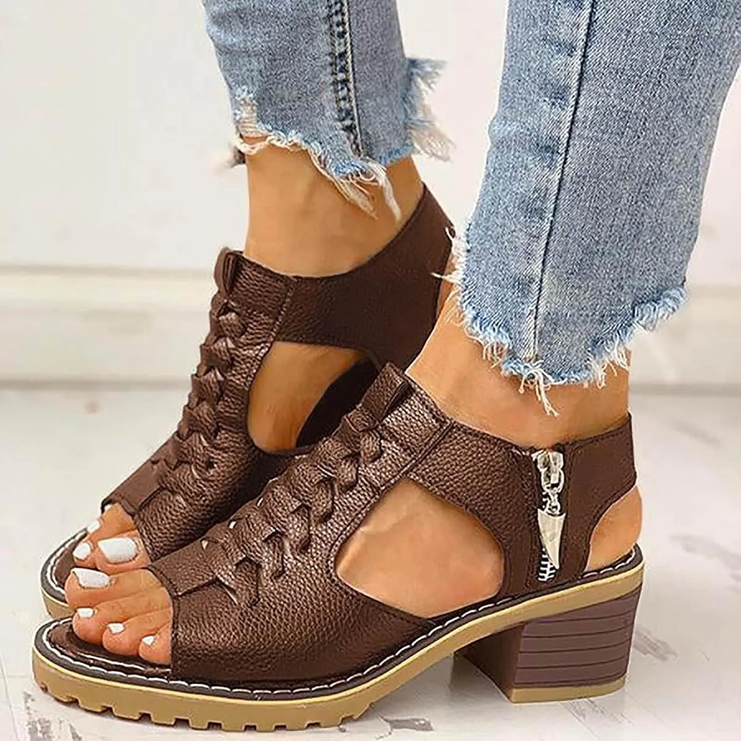 Eduavar Women's Wedge Sandals, Orthopedic Leather Peep Toe Cutout Zipper Chunky Heeled Sandals in White, Brown for Casual Wear