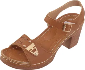 Eduavar Women's Wedge Sandals, Orthopedic Leather Peep Toe Cutout Zipper Chunky Heeled Sandals in White, Brown for Casual Wear
