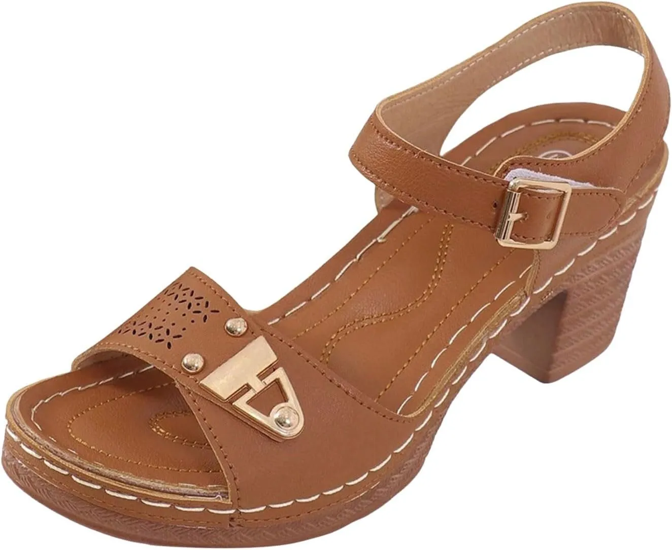 Eduavar Women's Wedge Sandals, Orthopedic Leather Peep Toe Cutout Zipper Chunky Heeled Sandals in White, Brown for Casual Wear