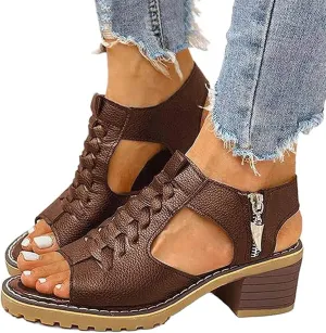 Eduavar Women's Wedge Sandals, Orthopedic Leather Peep Toe Cutout Zipper Chunky Heeled Sandals in White, Brown for Casual Wear
