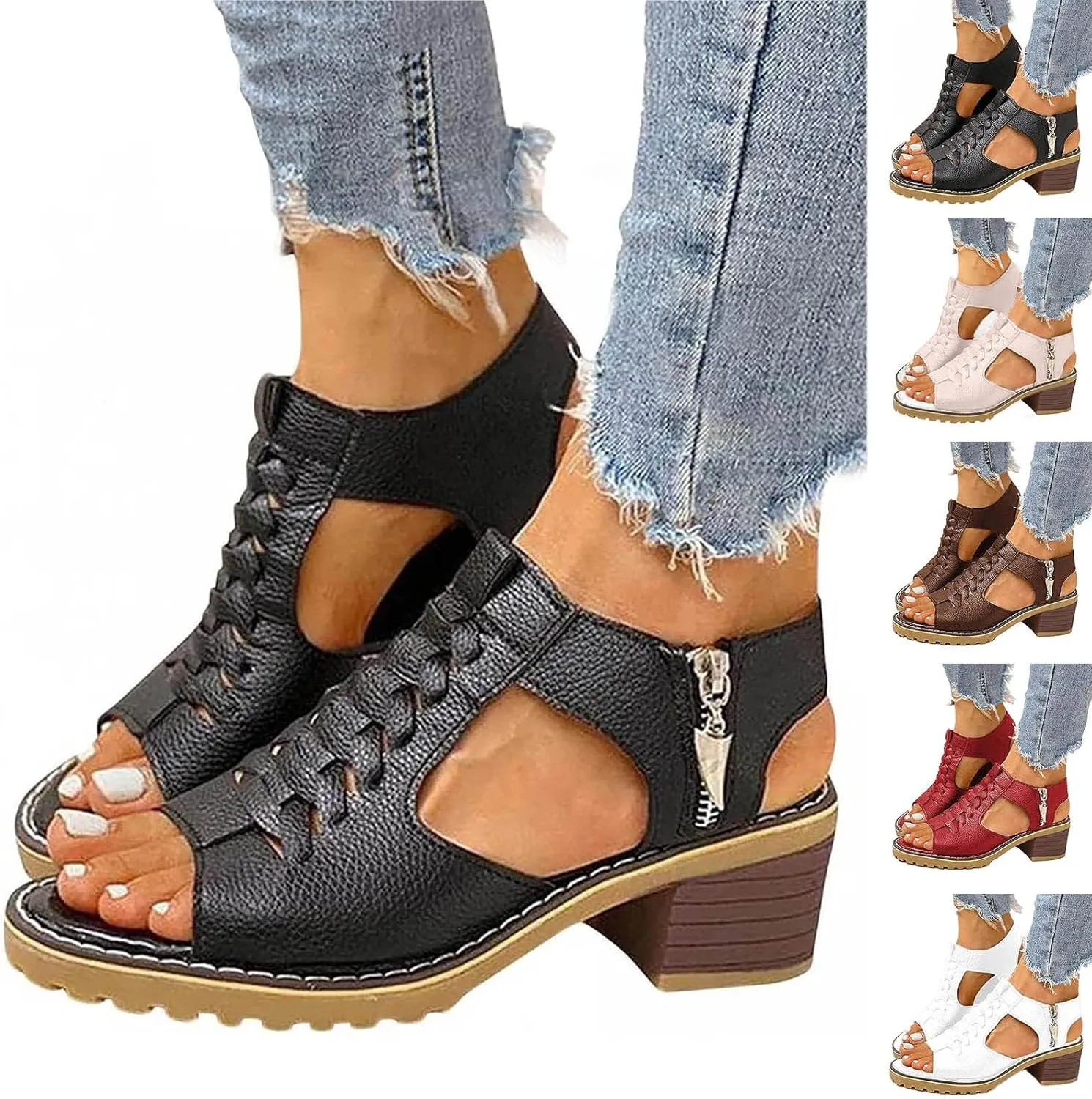 Eduavar Women's Wedge Sandals, Orthopedic Leather Peep Toe Cutout Zipper Chunky Heeled Sandals in White, Brown for Casual Wear