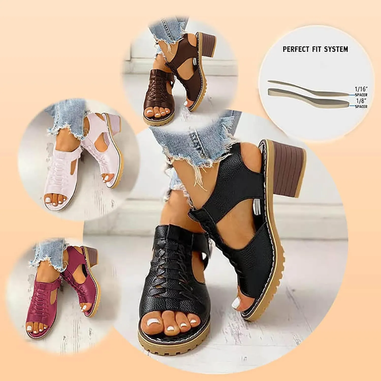 Eduavar Women's Wedge Sandals, Orthopedic Leather Peep Toe Cutout Zipper Chunky Heeled Sandals in White, Brown for Casual Wear