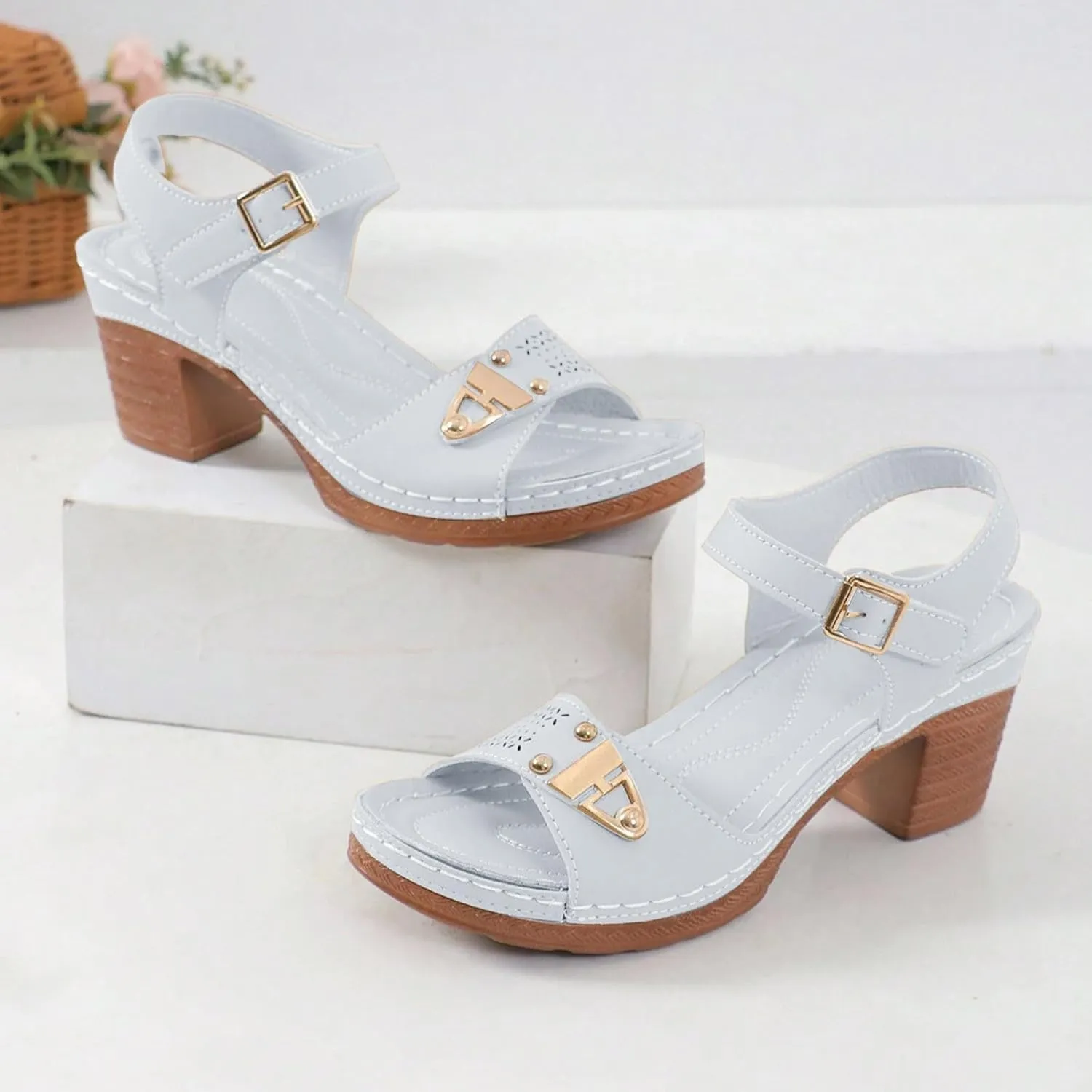 Eduavar Womens Wedge Sandals, Orthopedic Sandals for Women Leather Peep Toe Cutout Zipper Chunky Heeled Sandals