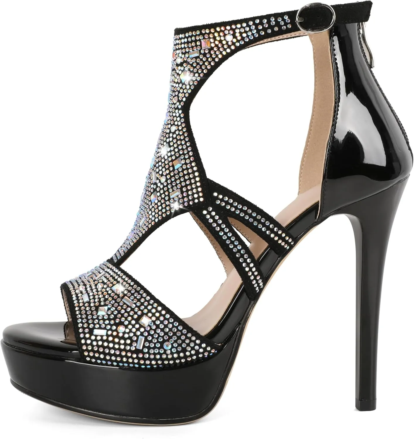 Eldof High Heeled Sandals for Women, Open Toe Strappy Platform Sandals, Cutout Gladiator Heels with Rinestones, Pumps Shoes for Dress Party Evening Summer
