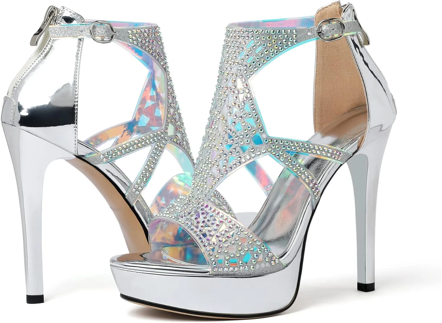 Eldof High Heeled Sandals for Women, Open Toe Strappy Platform Sandals, Cutout Gladiator Heels with Rinestones, Pumps Shoes for Dress Party Evening Summer