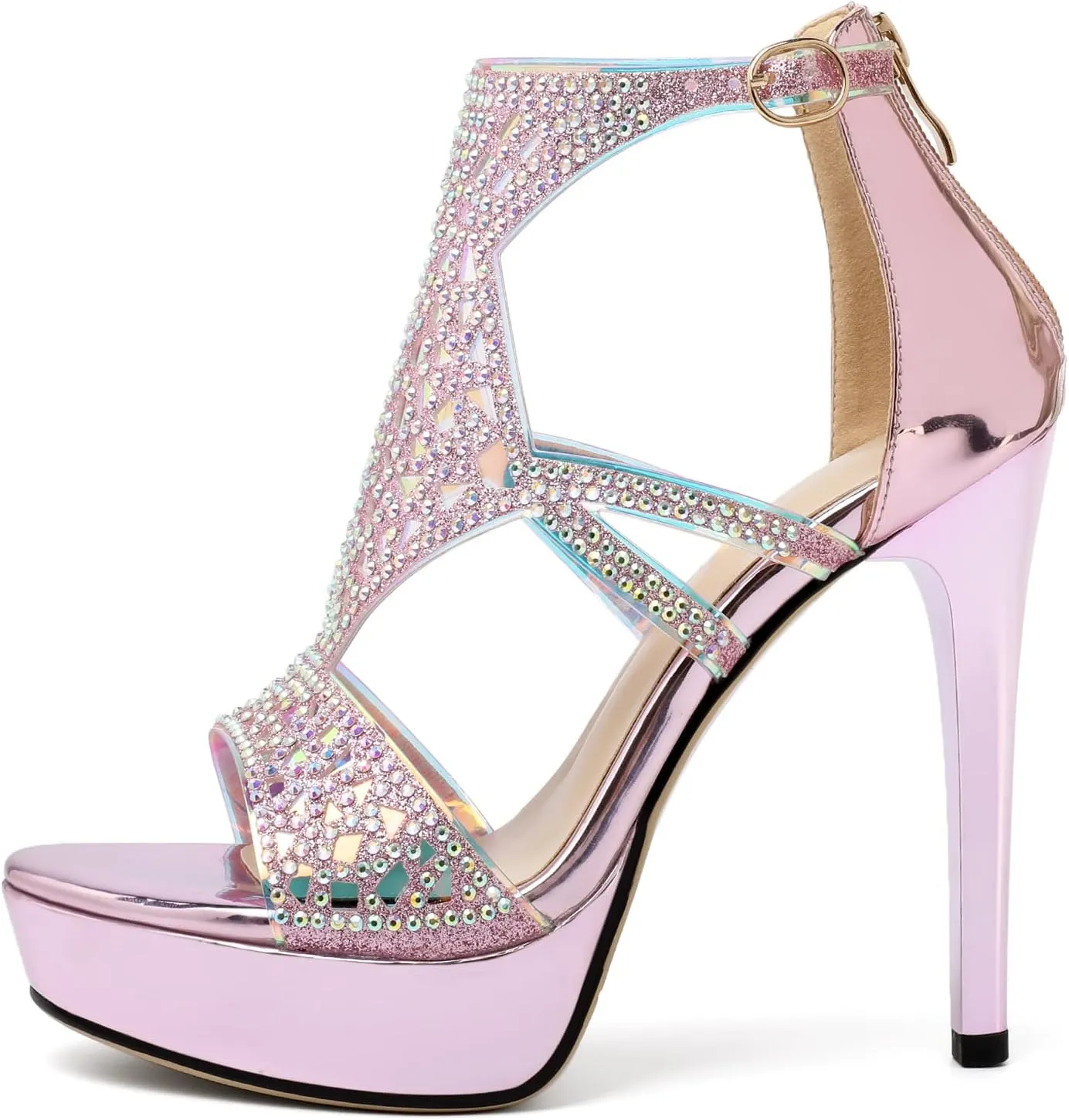 Eldof High Heeled Sandals for Women, Open Toe Strappy Platform Sandals, Cutout Gladiator Heels with Rinestones, Pumps Shoes for Dress Party Evening Summer