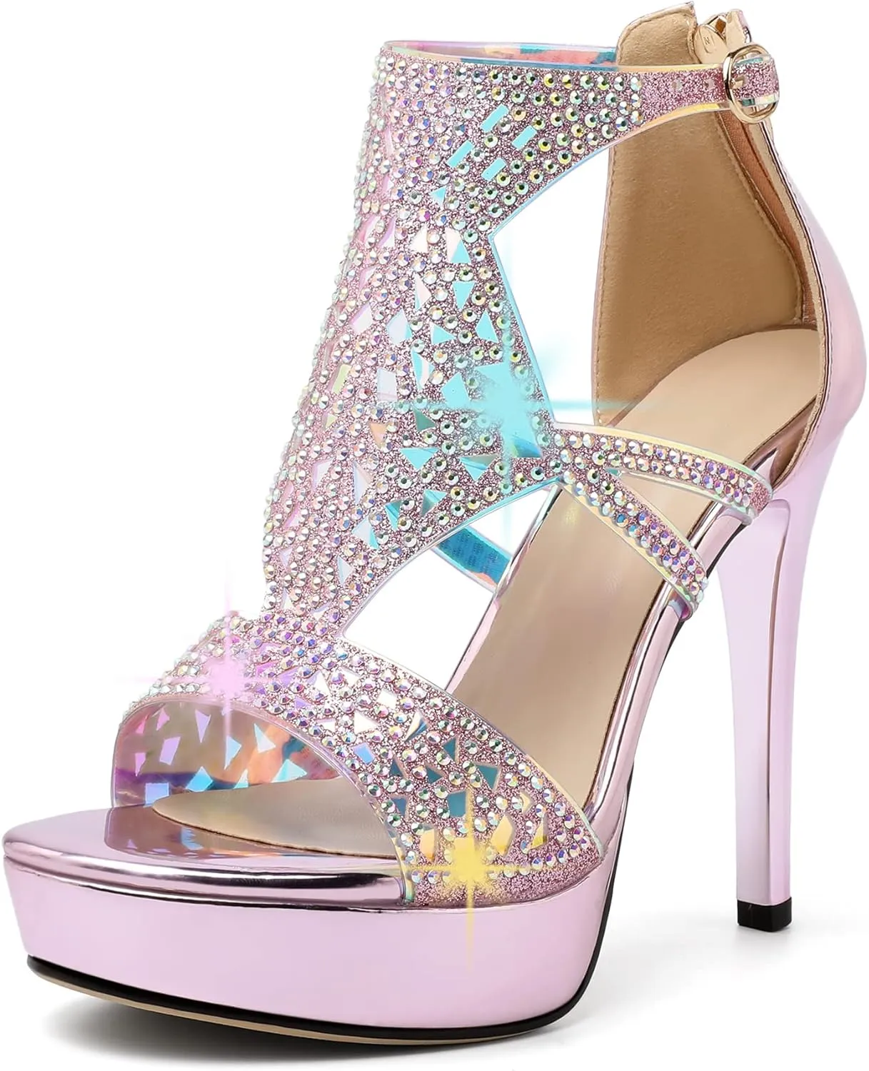 Eldof High Heeled Sandals for Women, Open Toe Strappy Platform Sandals, Cutout Gladiator Heels with Rinestones, Pumps Shoes for Dress Party Evening Summer