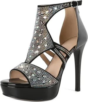 Eldof High Heeled Sandals for Women, Open Toe Strappy Platform Sandals, Cutout Gladiator Heels with Rinestones, Pumps Shoes for Dress Party Evening Summer