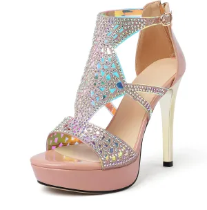 Eldof High Heeled Sandals for Women, Open Toe Strappy Platform Sandals, Cutout Gladiator Heels with Rinestones, Pumps Shoes for Dress Party Evening Summer