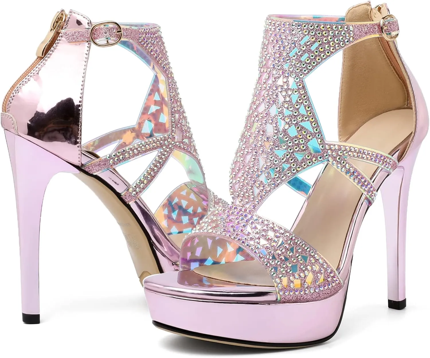 Eldof High Heeled Sandals for Women, Open Toe Strappy Platform Sandals, Cutout Gladiator Heels with Rinestones, Pumps Shoes for Dress Party Evening Summer