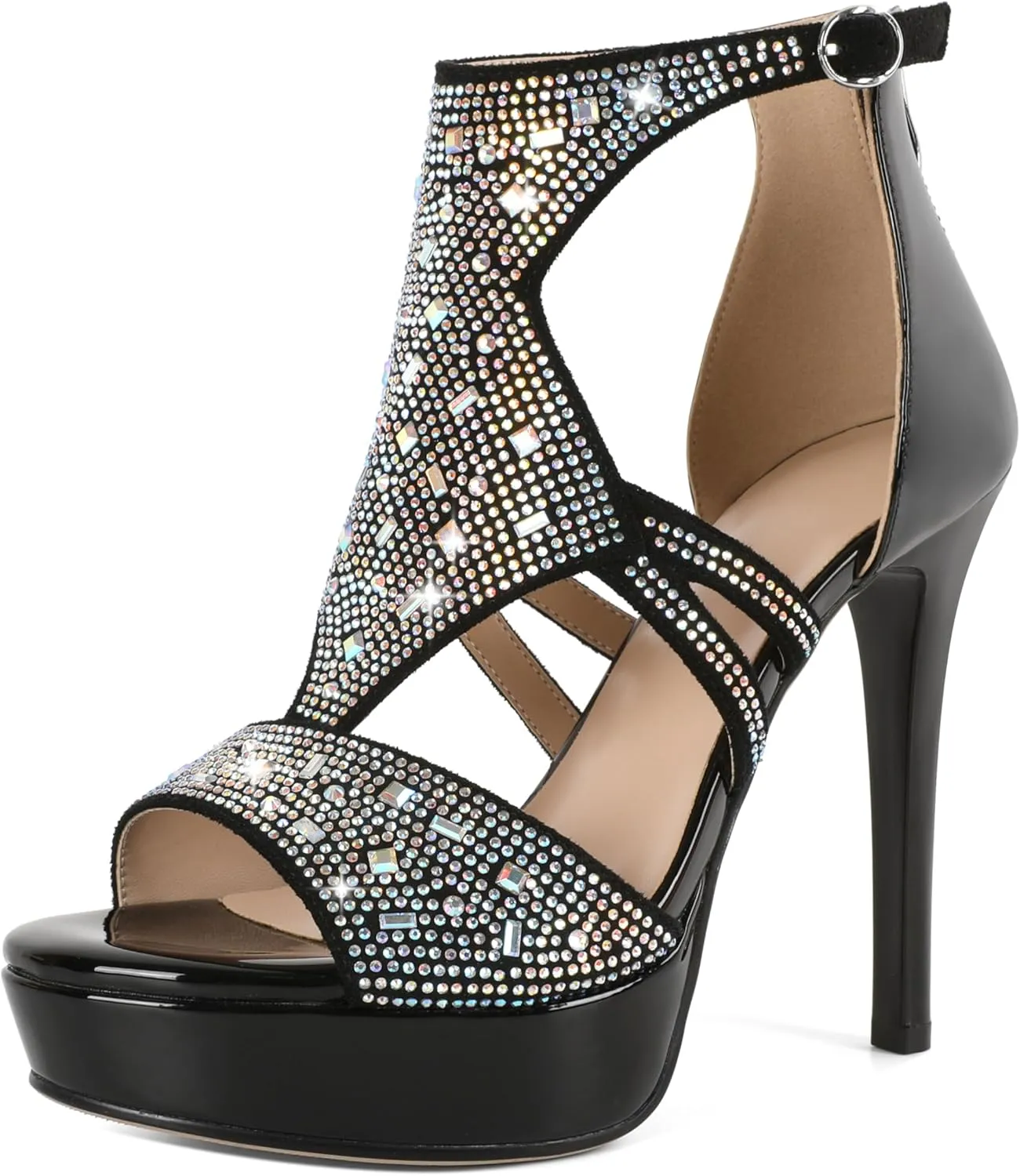 Eldof High Heeled Sandals for Women, Open Toe Strappy Platform Sandals, Cutout Gladiator Heels with Rinestones, Pumps Shoes for Dress Party Evening Summer