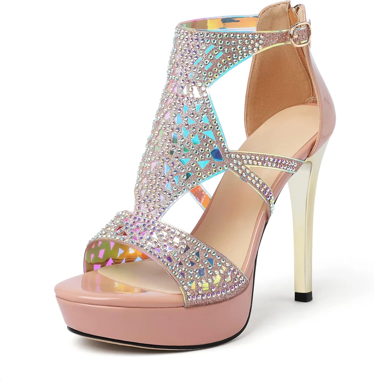 Eldof High Heeled Sandals for Women, Open Toe Strappy Platform Sandals, Cutout Gladiator Heels with Rinestones, Pumps Shoes for Dress Party Evening Summer