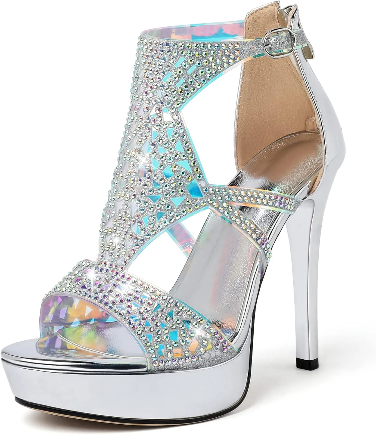 Eldof High Heeled Sandals for Women, Open Toe Strappy Platform Sandals, Cutout Gladiator Heels with Rinestones, Pumps Shoes for Dress Party Evening Summer